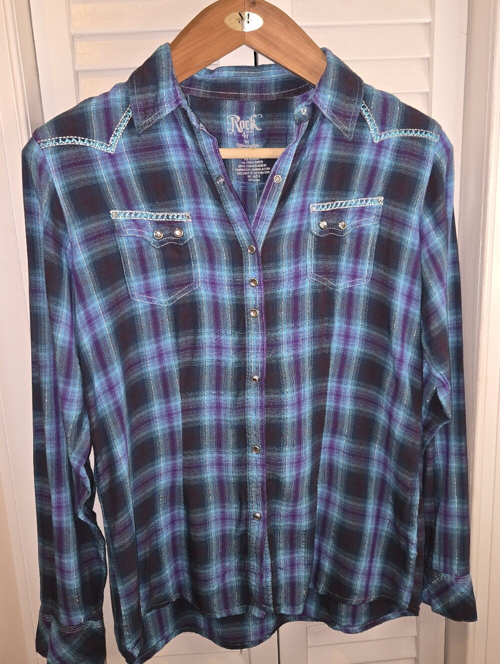 Rock 47 by Wrangler Jewel Snap Western Shirt Large Blue Purple Metallic Plaid
